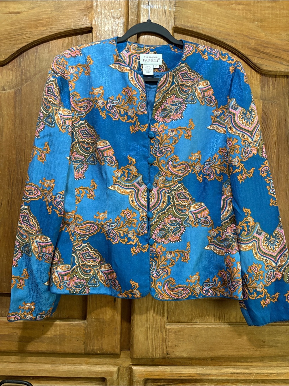 Adrianna Papell Teal Paisley Collarless Jacket with Gold Accents